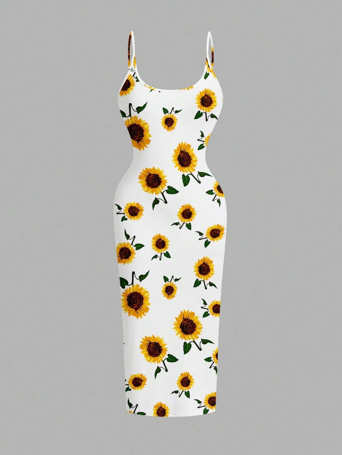 EZwear Casual Minimalist Full Print Sunflower Pattern Slim Fit Camisole Maxi Dress, Suitable For Summer,Bohemian Clothes Chic Dress