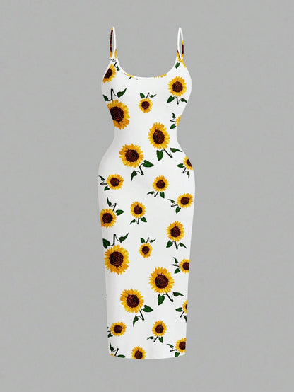 EZwear Casual Minimalist Full Print Sunflower Pattern Slim Fit Camisole Maxi Dress, Suitable For Summer,Bohemian Clothes Chic Dress