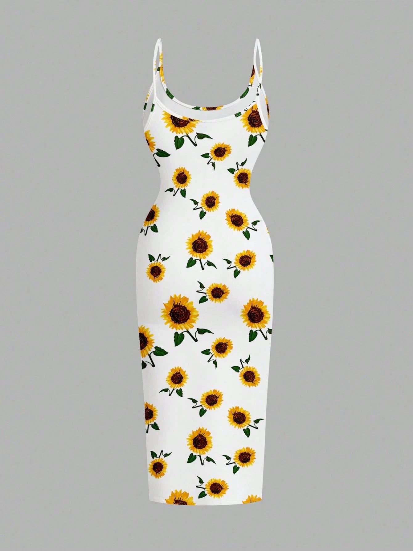 EZwear Casual Minimalist Full Print Sunflower Pattern Slim Fit Camisole Maxi Dress, Suitable For Summer,Bohemian Clothes Chic Dress