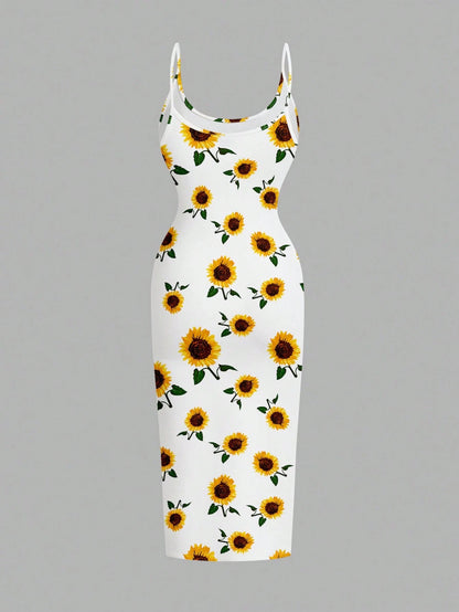 EZwear Casual Minimalist Full Print Sunflower Pattern Slim Fit Camisole Maxi Dress, Suitable For Summer,Bohemian Clothes Chic Dress