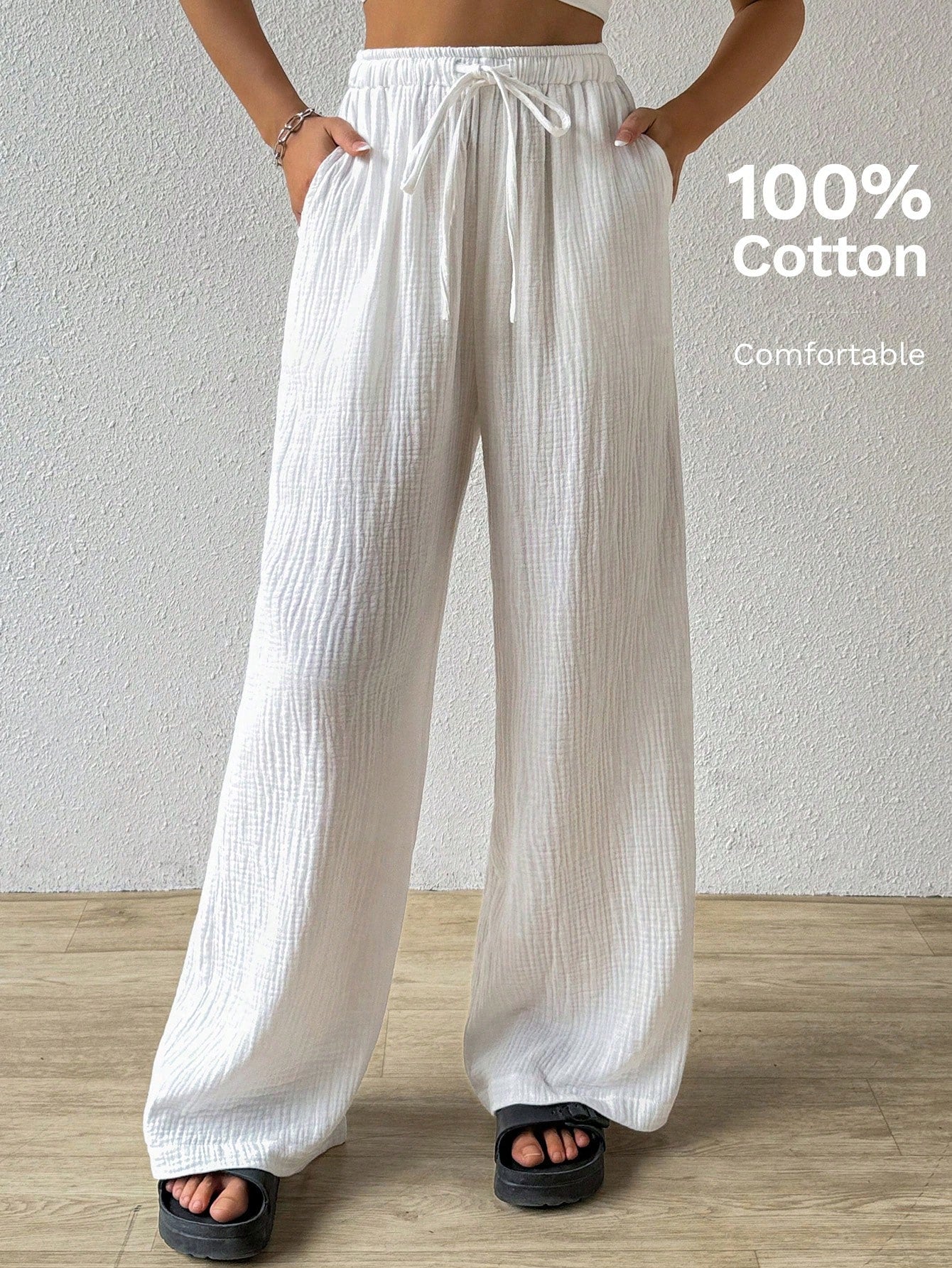 EZwear Cotton Loose Texture Wrinkle Fabric Drawstring Waist Long Pants
