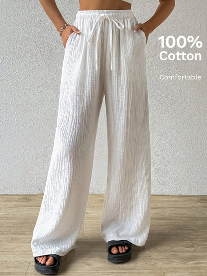 EZwear Cotton Loose Texture Wrinkle Fabric Drawstring Waist Long Pants