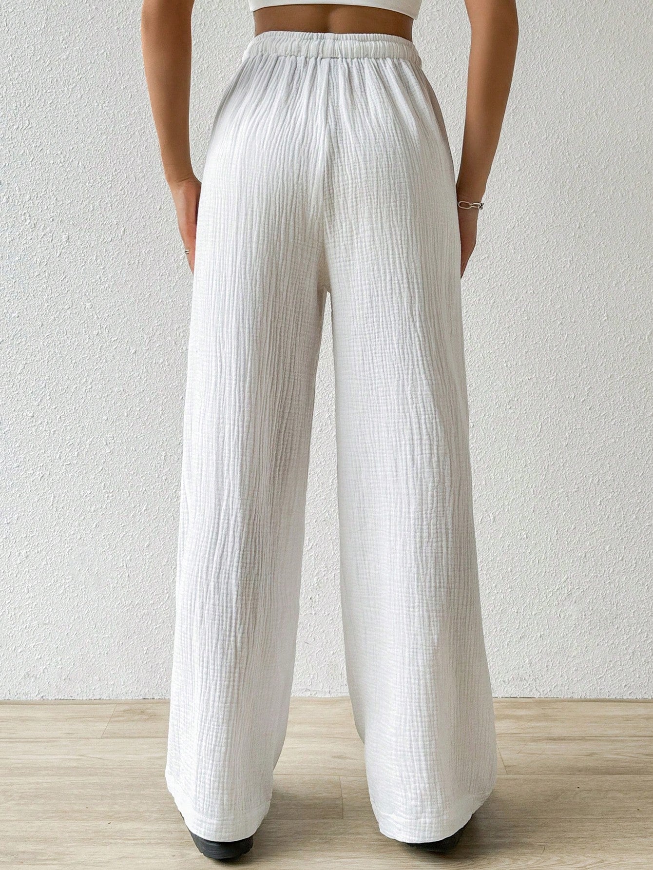 EZwear Cotton Loose Texture Wrinkle Fabric Drawstring Waist Long Pants