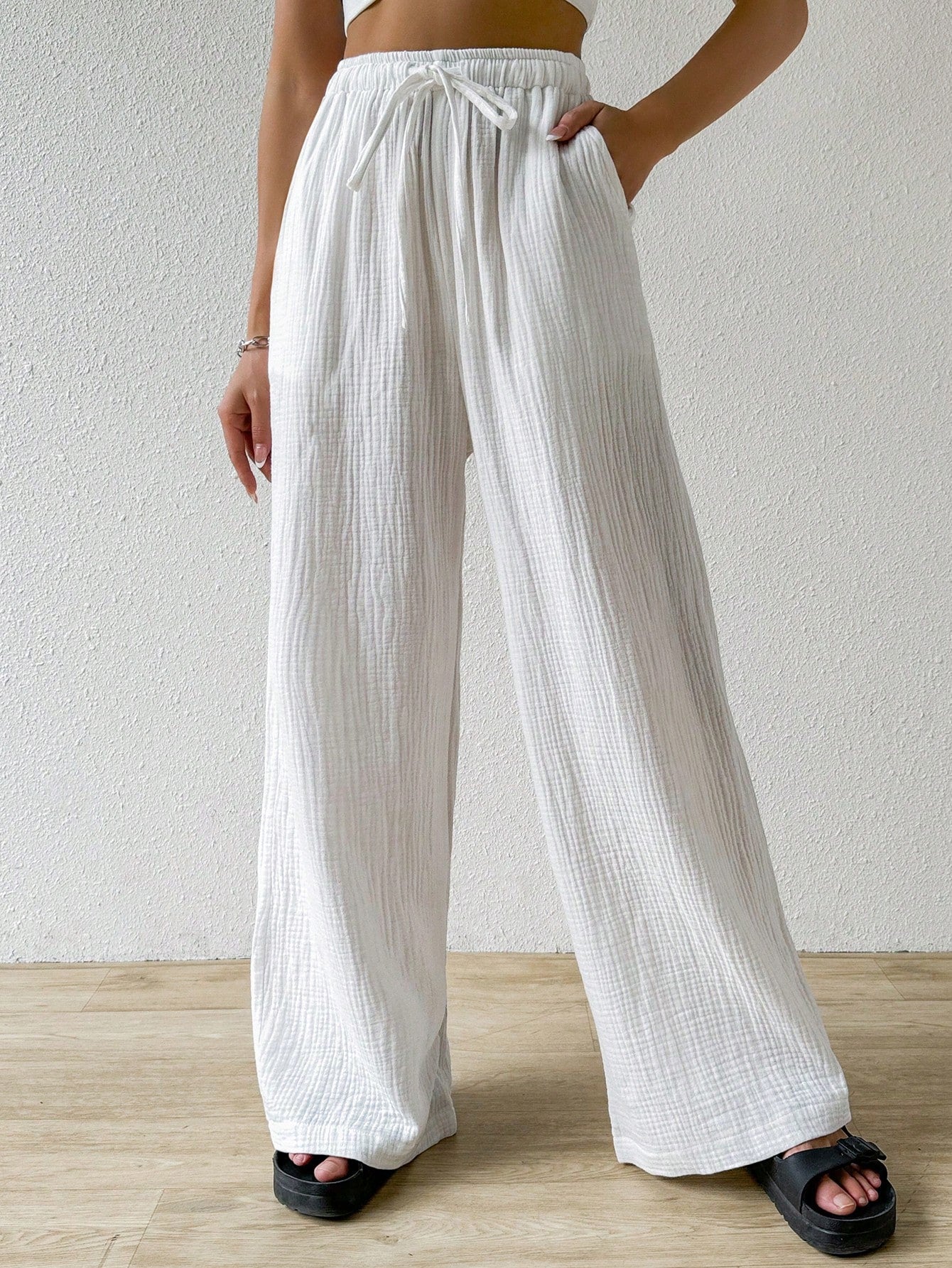 EZwear Cotton Loose Texture Wrinkle Fabric Drawstring Waist Long Pants