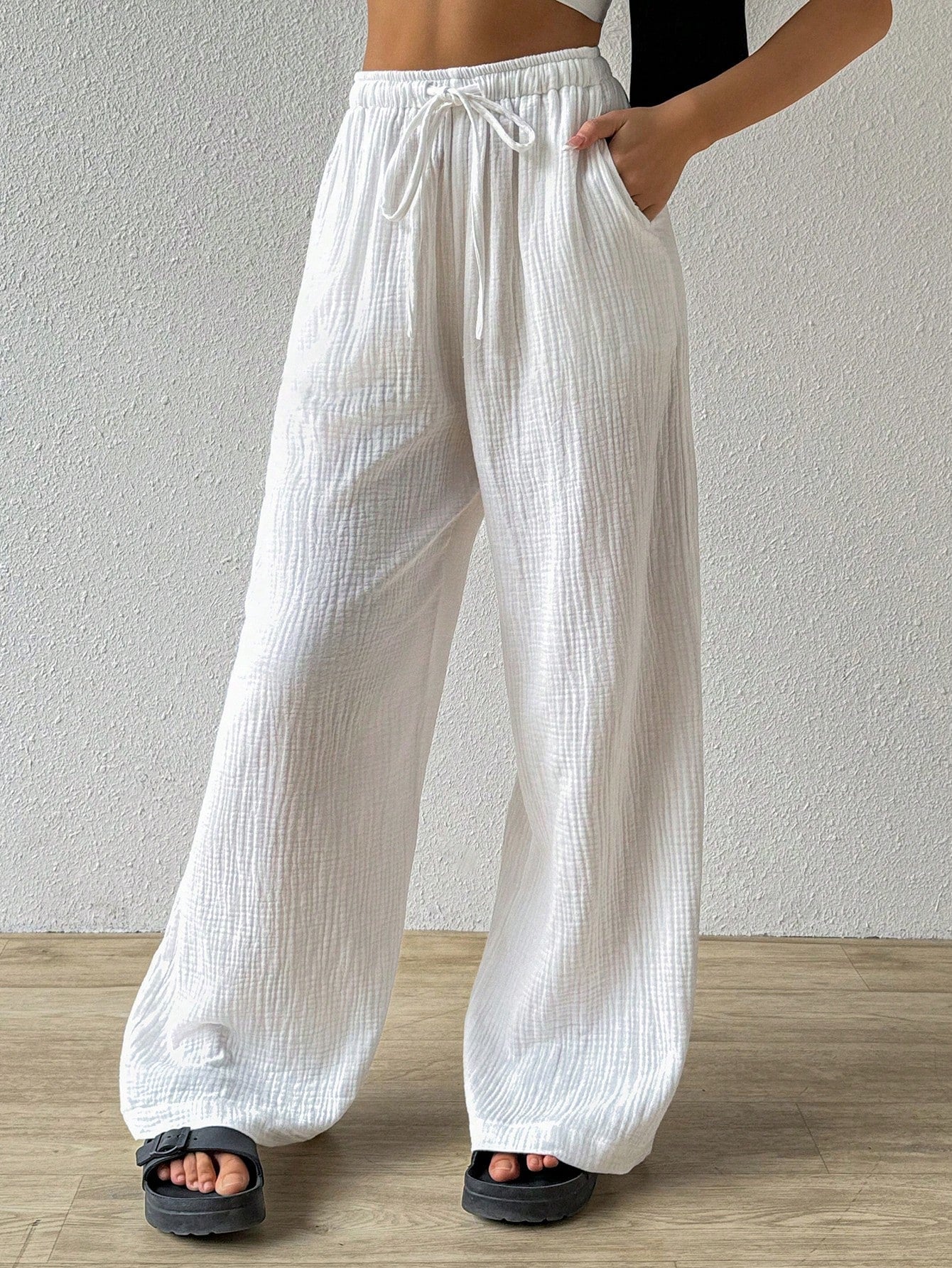 EZwear Cotton Loose Texture Wrinkle Fabric Drawstring Waist Long Pants