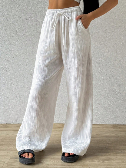 EZwear Cotton Loose Texture Wrinkle Fabric Drawstring Waist Long Pants