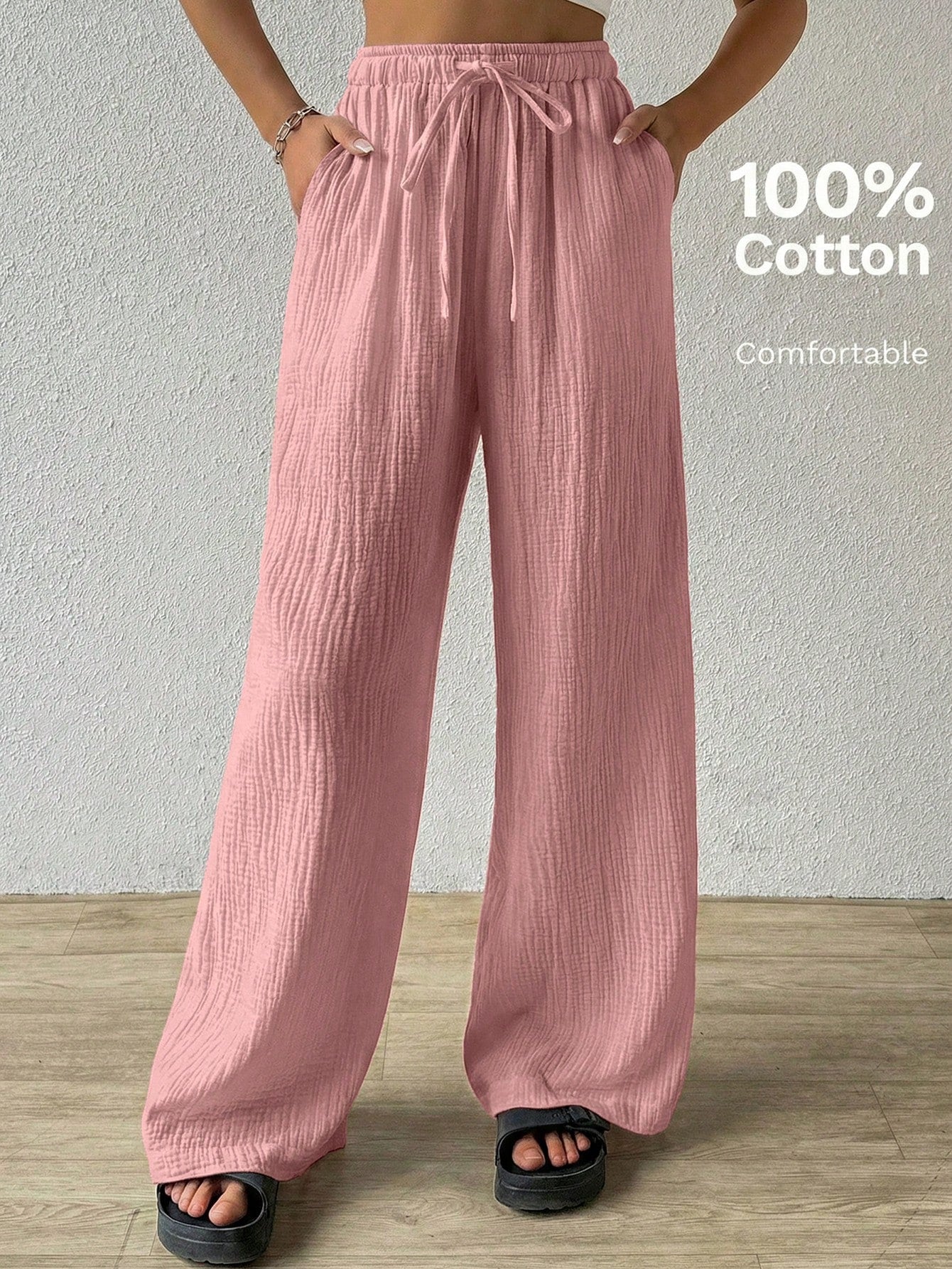 EZwear Cotton Loose Texture Wrinkle Fabric Drawstring Waist Long Pants