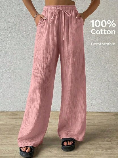EZwear Cotton Loose Texture Wrinkle Fabric Drawstring Waist Long Pants