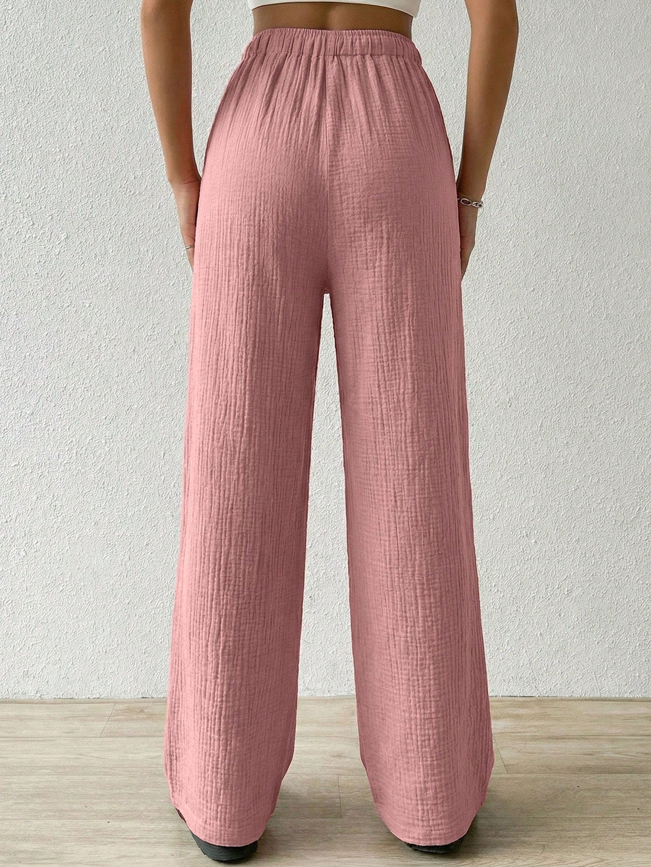 EZwear Cotton Loose Texture Wrinkle Fabric Drawstring Waist Long Pants