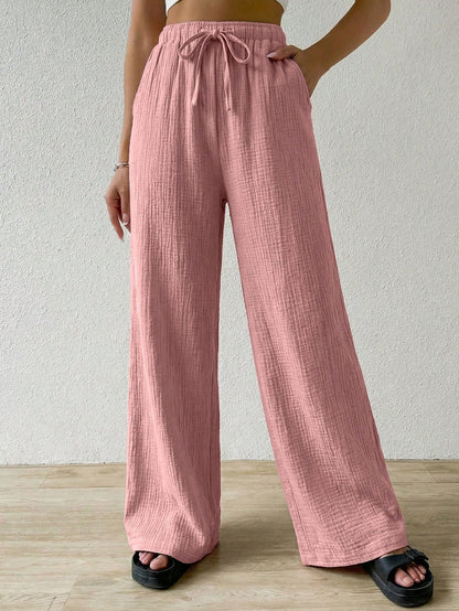 EZwear Cotton Loose Texture Wrinkle Fabric Drawstring Waist Long Pants