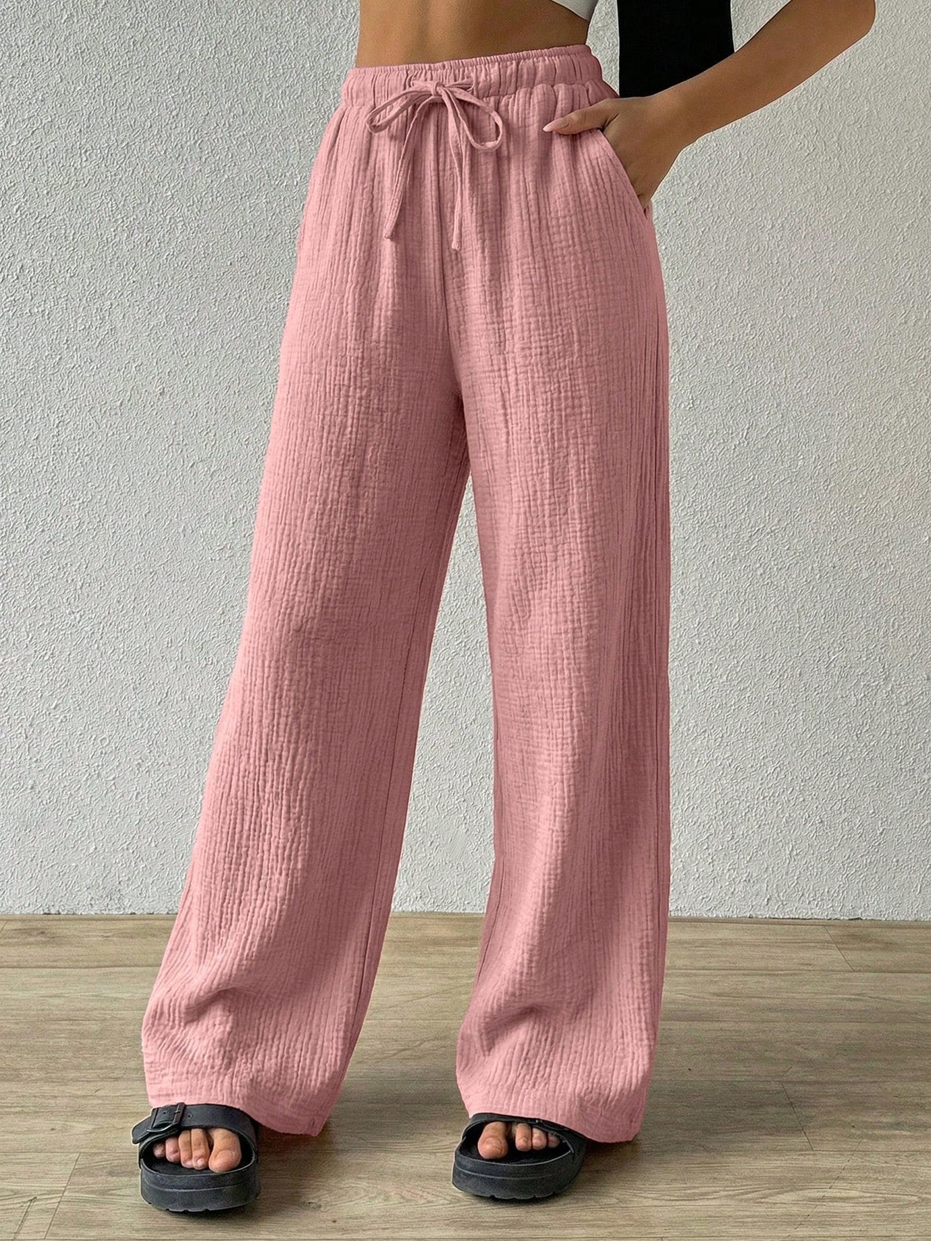 EZwear Cotton Loose Texture Wrinkle Fabric Drawstring Waist Long Pants