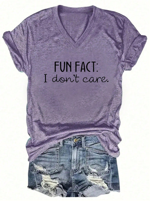 EZwear CURVE Plus Size Women's Summer Slogan Printed V-Neck Short Sleeve Casual T-Shirt FUN FACT I Don't Care Graphic Tees Women Tops