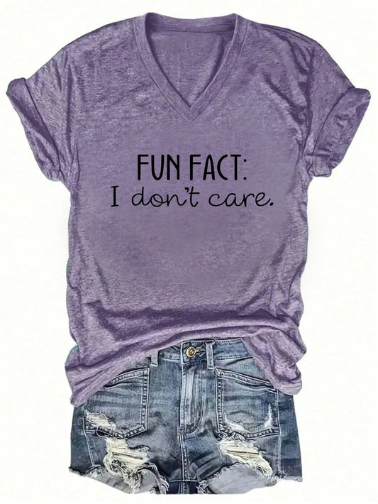 EZwear CURVE Plus Size Women's Summer Slogan Printed V-Neck Short Sleeve Casual T-Shirt FUN FACT I Don't Care Graphic Tees Women Tops