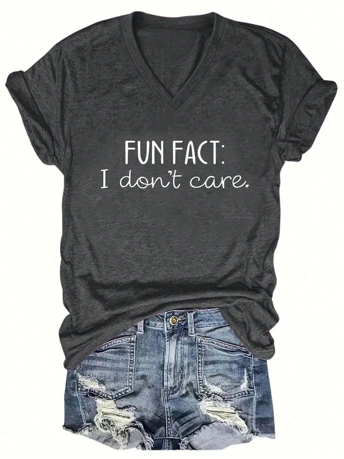 EZwear CURVE Plus Size Women's Summer Slogan Printed V-Neck Short Sleeve Casual T-Shirt FUN FACT I Don't Care Graphic Tees Women Tops