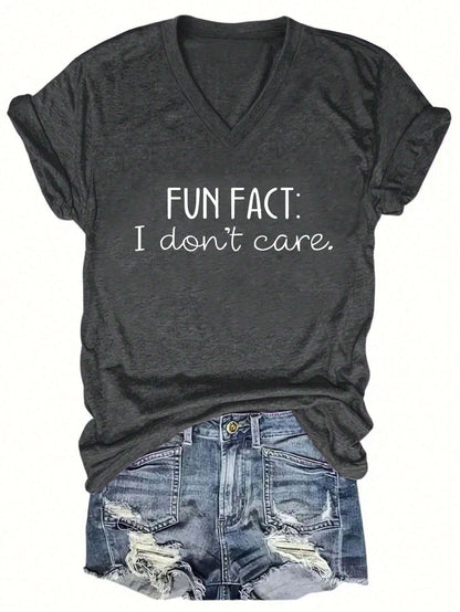 EZwear CURVE Plus Size Women's Summer Slogan Printed V-Neck Short Sleeve Casual T-Shirt FUN FACT I Don't Care Graphic Tees Women Tops
