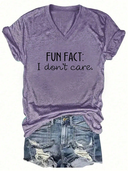 EZwear CURVE Plus Size Women's Summer Slogan Printed V-Neck Short Sleeve Casual T-Shirt FUN FACT I Don't Care Graphic Tees Women Tops