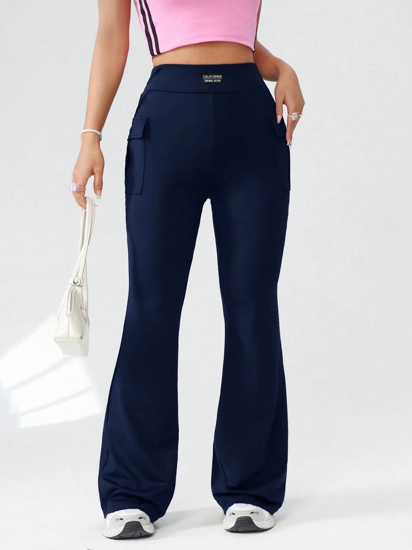 EZwear Knitted Ladies Cargo Pants With Letter Patchwork, Pockets, Casual Bell-Bottoms