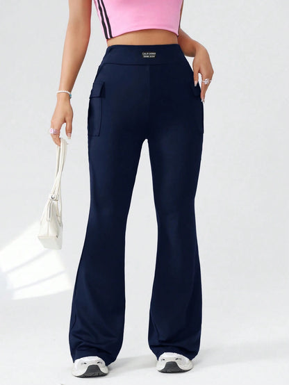 EZwear Knitted Ladies Cargo Pants With Letter Patchwork, Pockets, Casual Bell-Bottoms