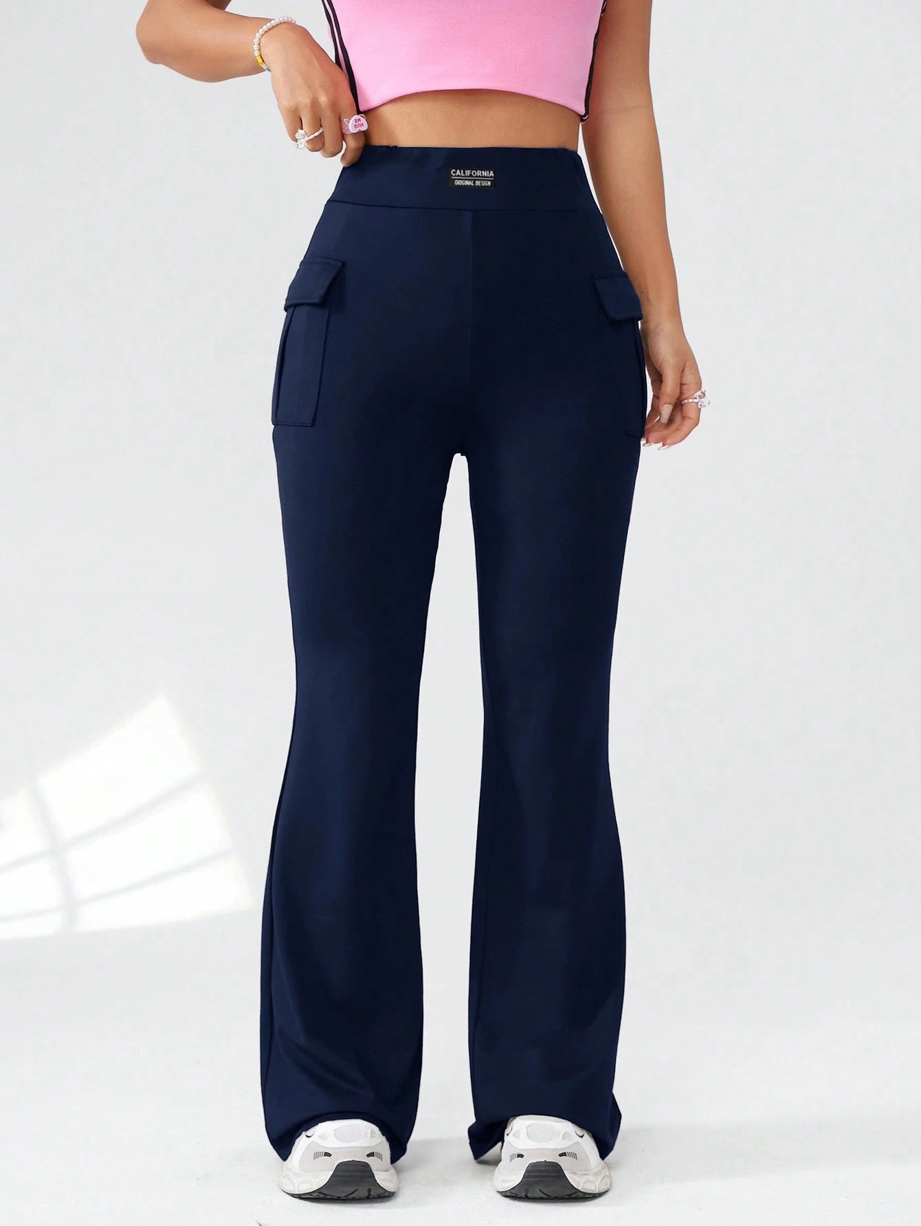 EZwear Knitted Ladies Cargo Pants With Letter Patchwork, Pockets, Casual Bell-Bottoms