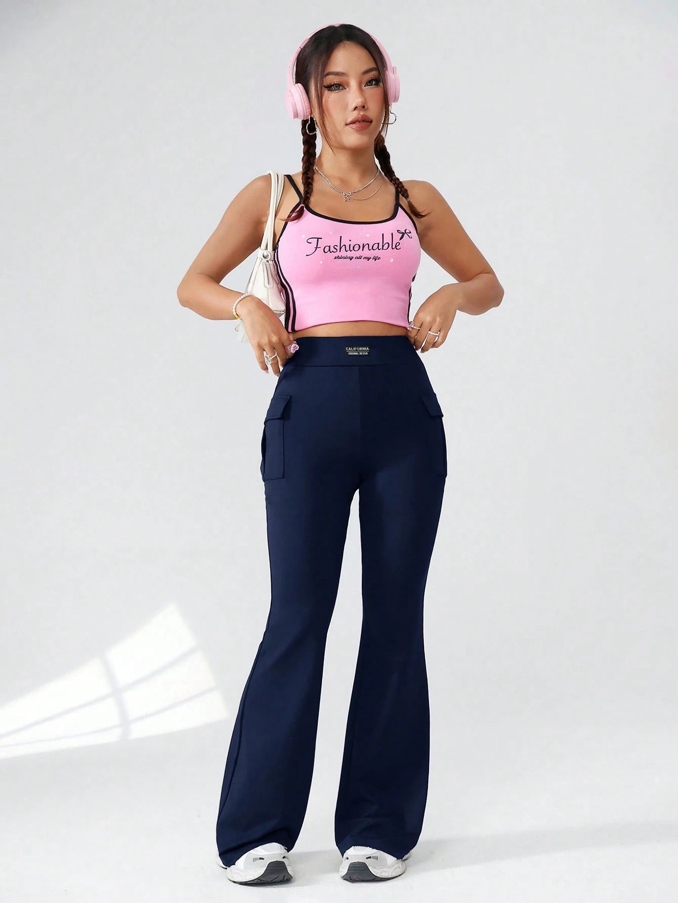 EZwear Knitted Ladies Cargo Pants With Letter Patchwork, Pockets, Casual Bell-Bottoms