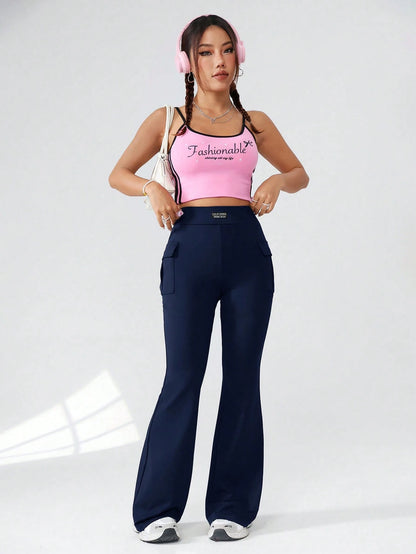 EZwear Knitted Ladies Cargo Pants With Letter Patchwork, Pockets, Casual Bell-Bottoms