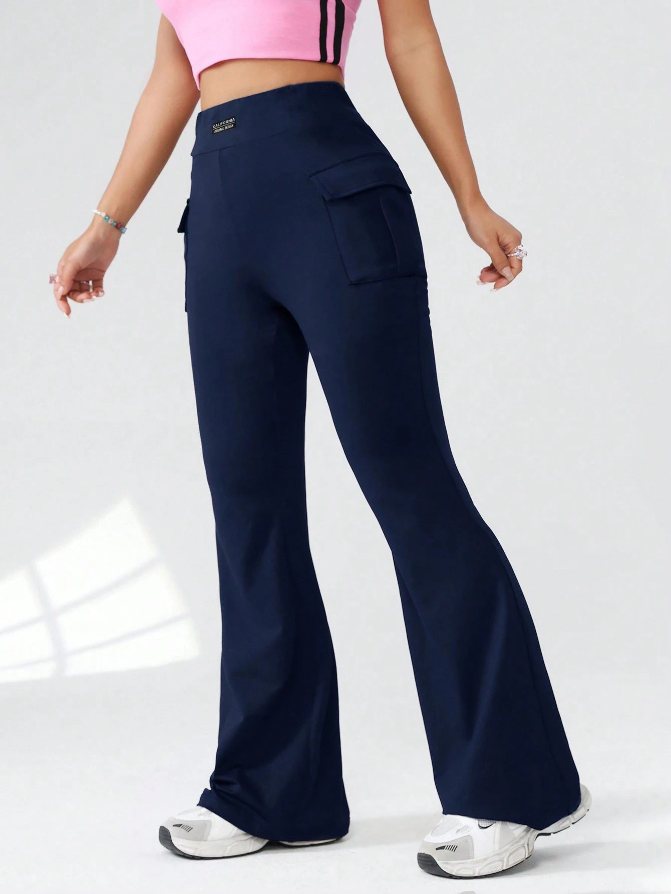 EZwear Knitted Ladies Cargo Pants With Letter Patchwork, Pockets, Casual Bell-Bottoms
