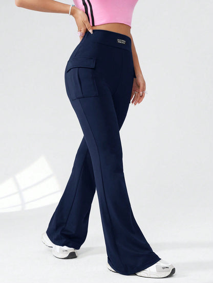 EZwear Knitted Ladies Cargo Pants With Letter Patchwork, Pockets, Casual Bell-Bottoms