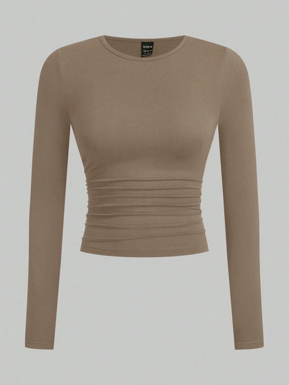 EZwear Multi-Color Knitted Women's Round Neck Long Sleeve Ruched Bodycon T-Shirt