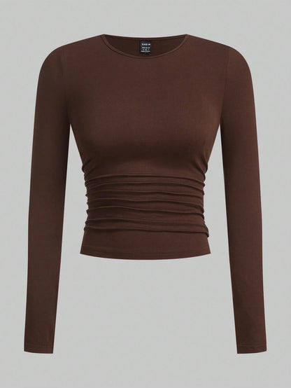 EZwear Multi-Color Knitted Women's Round Neck Long Sleeve Ruched Bodycon T-Shirt