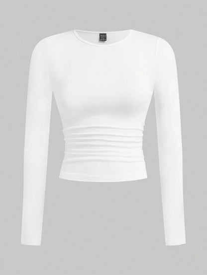 EZwear Multi-Color Knitted Women's Round Neck Long Sleeve Ruched Bodycon T-Shirt