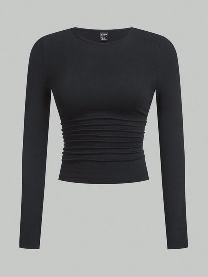 EZwear Multi-Color Knitted Women's Round Neck Long Sleeve Ruched Bodycon T-Shirt