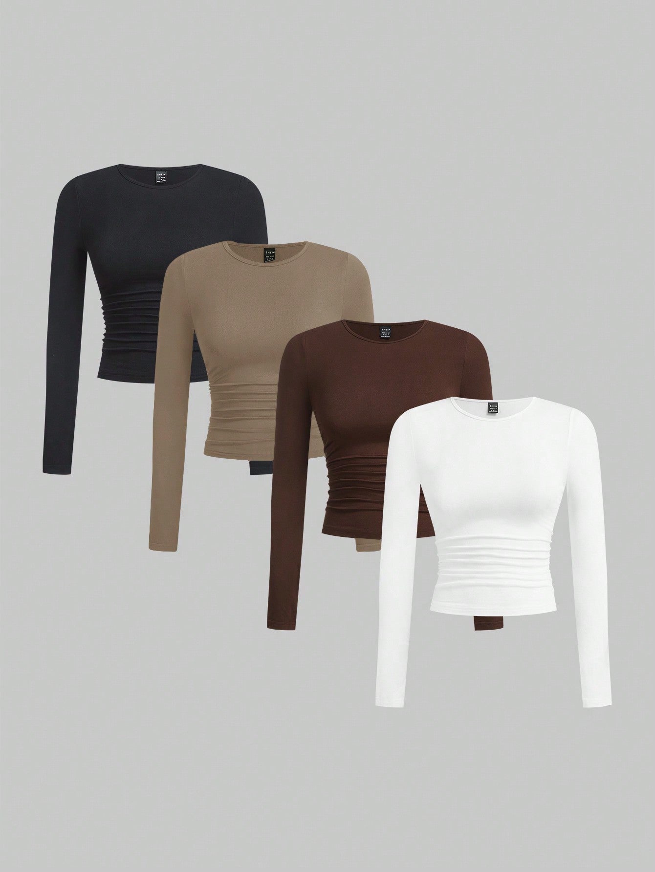 EZwear Multi-Color Knitted Women's Round Neck Long Sleeve Ruched Bodycon T-Shirt