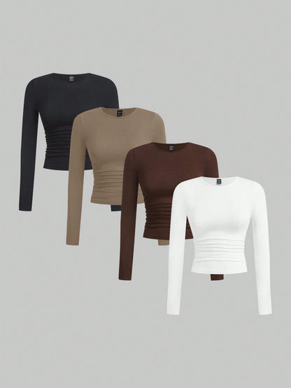 EZwear Multi-Color Knitted Women's Round Neck Long Sleeve Ruched Bodycon T-Shirt
