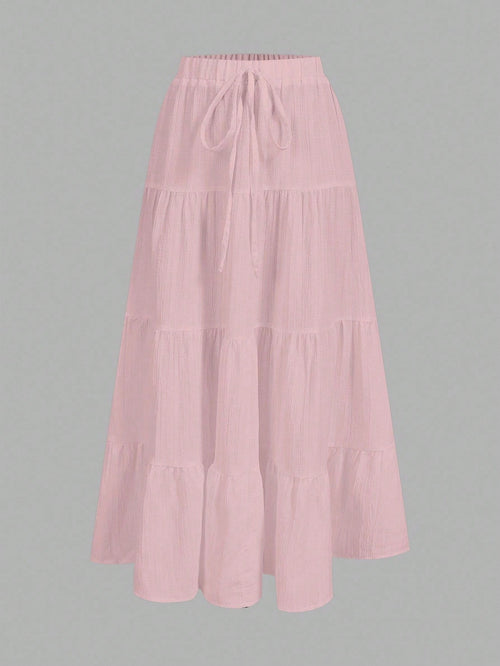 EZwear Pink Women's Casual Vacation Multi-Layer Cake Skirt, Suitable For Summer