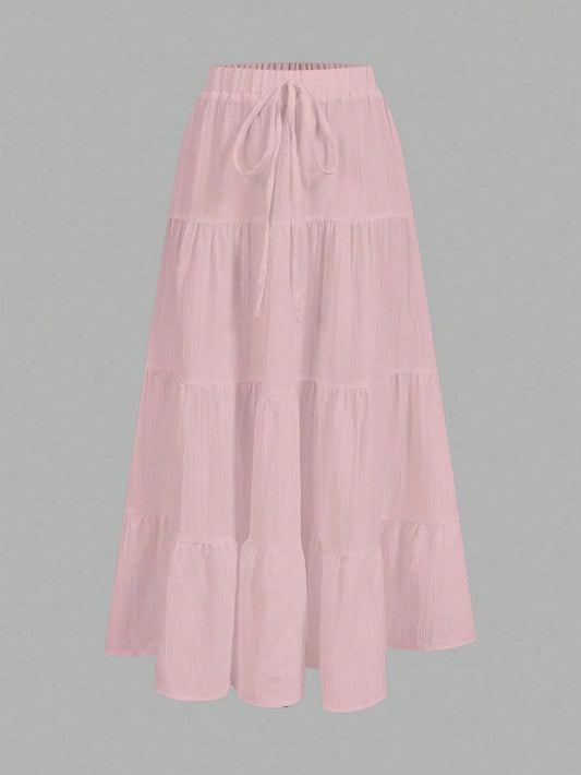 EZwear Pink Women's Casual Vacation Multi-Layer Cake Skirt, Suitable For Summer