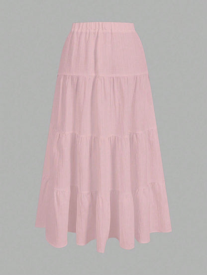 EZwear Pink Women's Casual Vacation Multi-Layer Cake Skirt, Suitable For Summer
