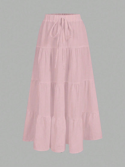 EZwear Pink Women's Casual Vacation Multi-Layer Cake Skirt, Suitable For Summer