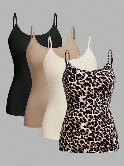EZwear Plus 4pcs Solid & Leopard Cami Top Back To School