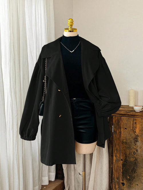 EZwear Plus Size Black Lapel Button Tie Casual Minimalist Windbreaker French Style Clothes In Fall/Winter