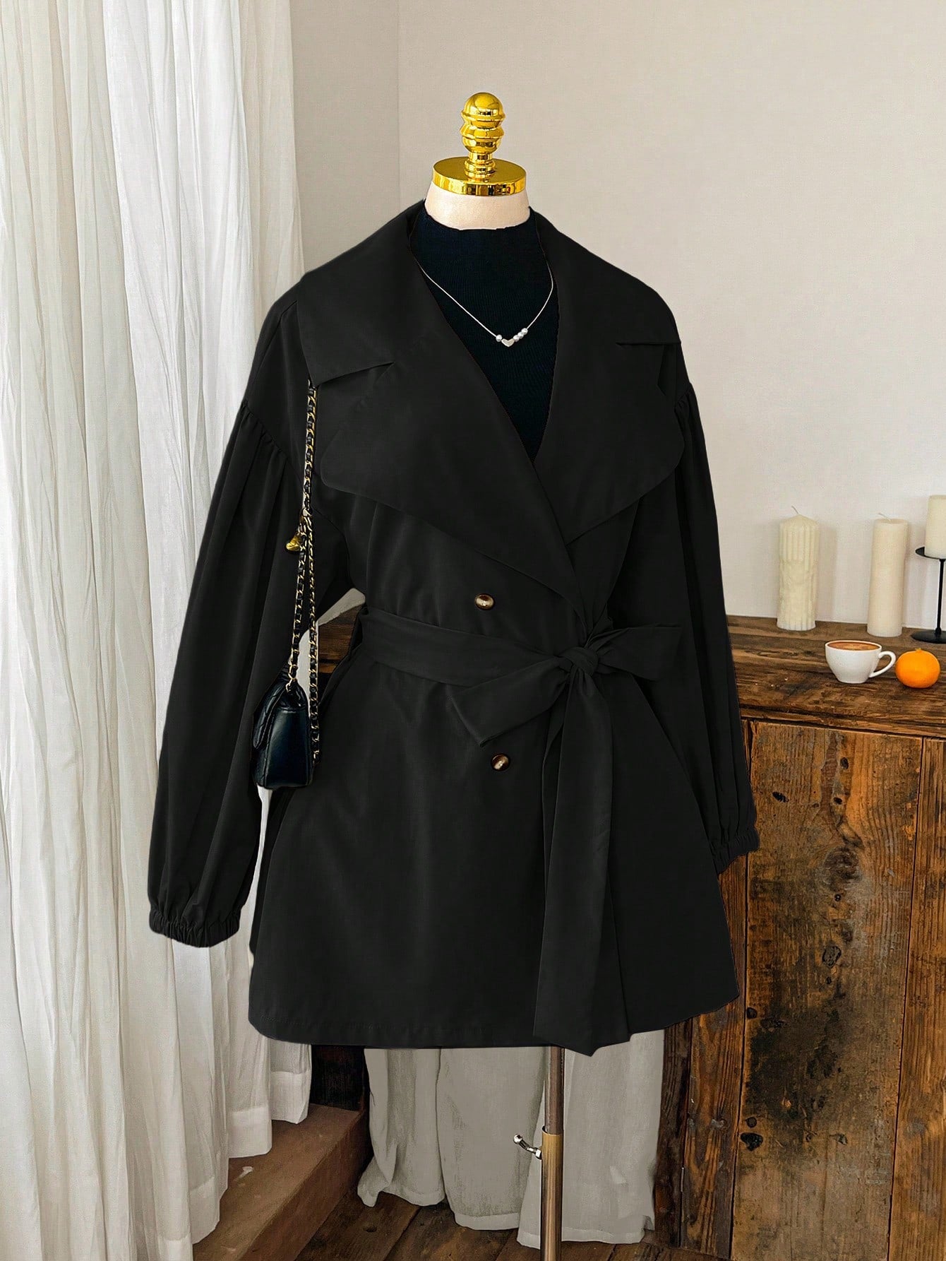 EZwear Plus Size Black Lapel Button Tie Casual Minimalist Windbreaker French Style Clothes In Fall/Winter