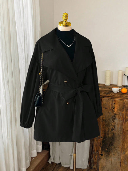 EZwear Plus Size Black Lapel Button Tie Casual Minimalist Windbreaker French Style Clothes In Fall/Winter