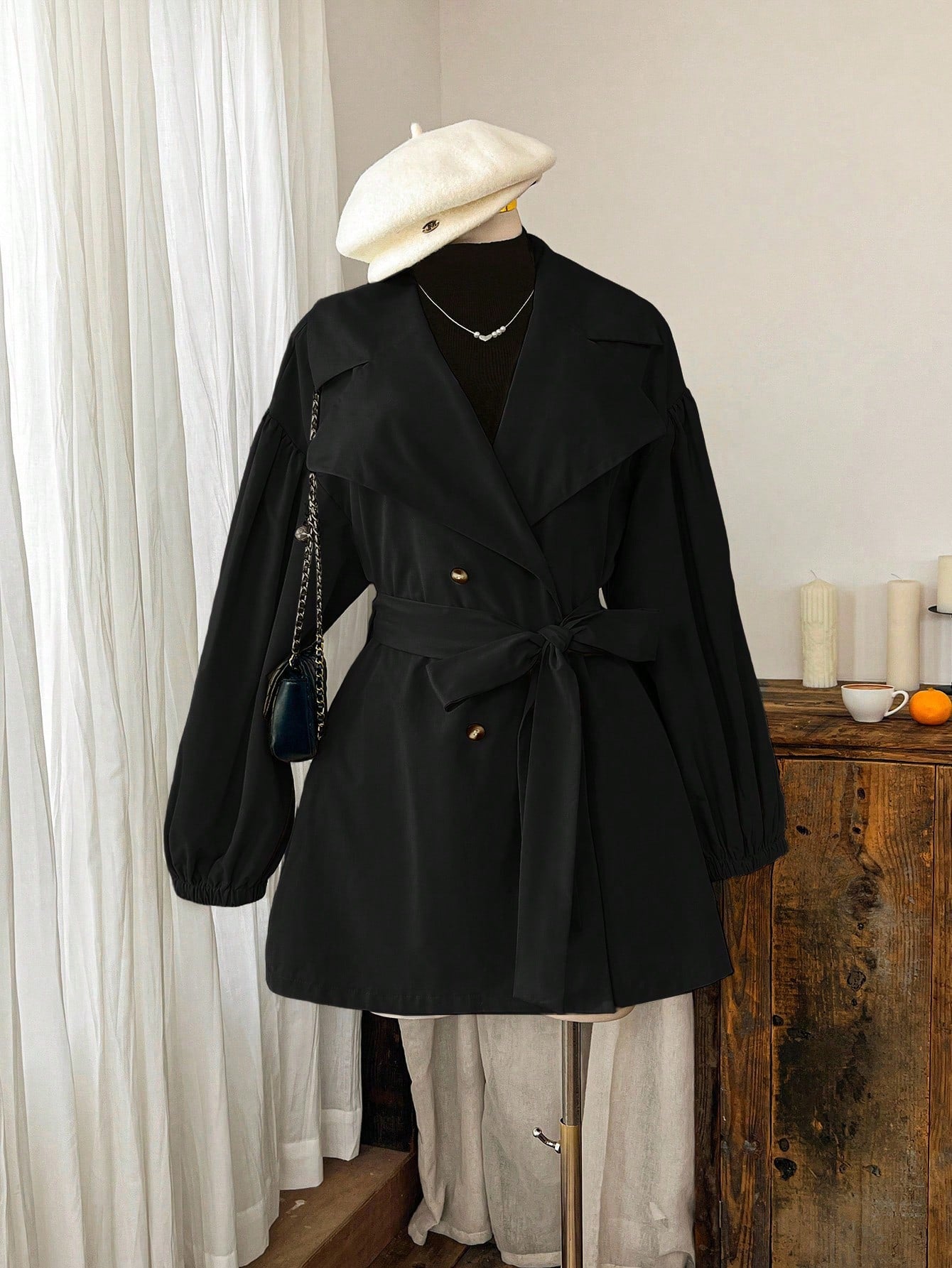 EZwear Plus Size Black Lapel Button Tie Casual Minimalist Windbreaker French Style Clothes In Fall/Winter