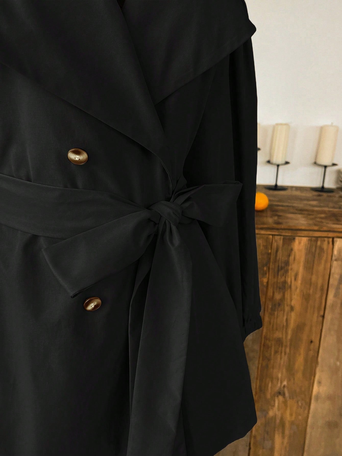 EZwear Plus Size Black Lapel Button Tie Casual Minimalist Windbreaker French Style Clothes In Fall/Winter