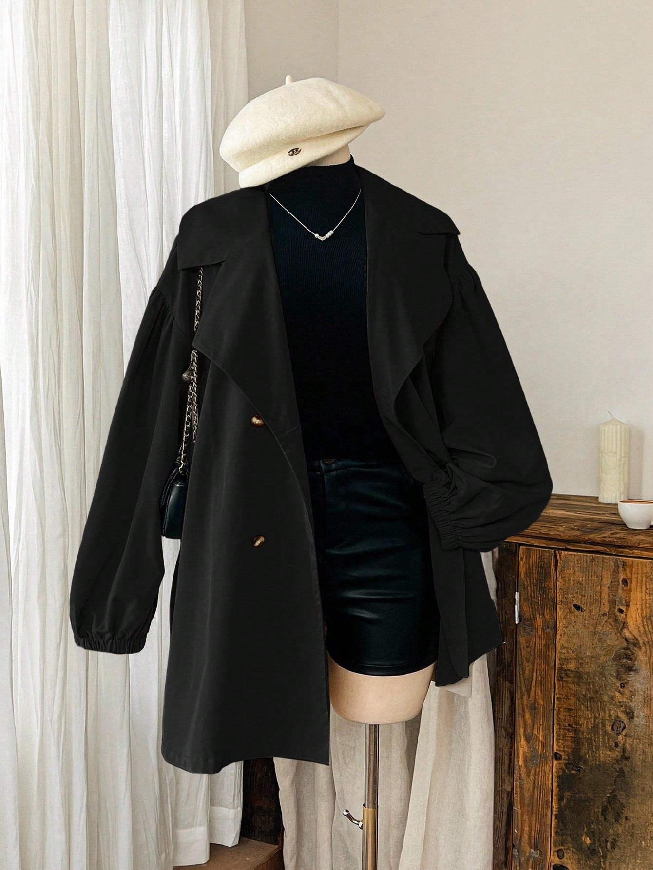 EZwear Plus Size Black Lapel Button Tie Casual Minimalist Windbreaker French Style Clothes In Fall/Winter