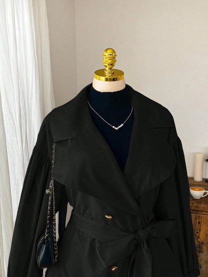 EZwear Plus Size Black Lapel Button Tie Casual Minimalist Windbreaker French Style Clothes In Fall/Winter