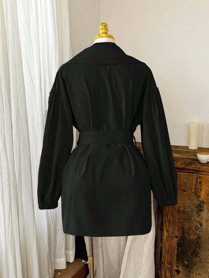 EZwear Plus Size Black Lapel Button Tie Casual Minimalist Windbreaker French Style Clothes In Fall/Winter