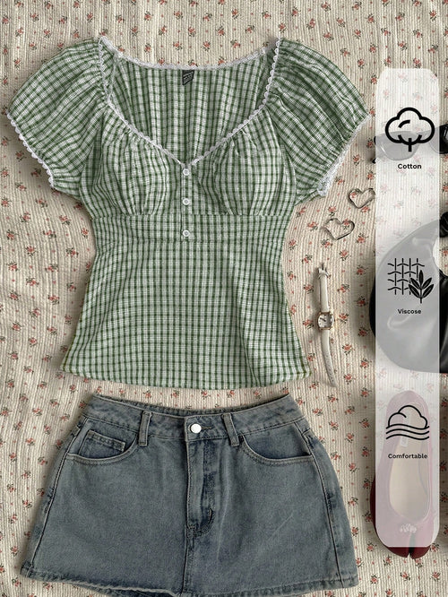 EZwear Plus Size Plaid Print Sweetheart Collar Casual Short Sleeve Gingham Top,Women's White Curve Summer Picnic Sage Green Aesthetic Clothes,Elegant Chic