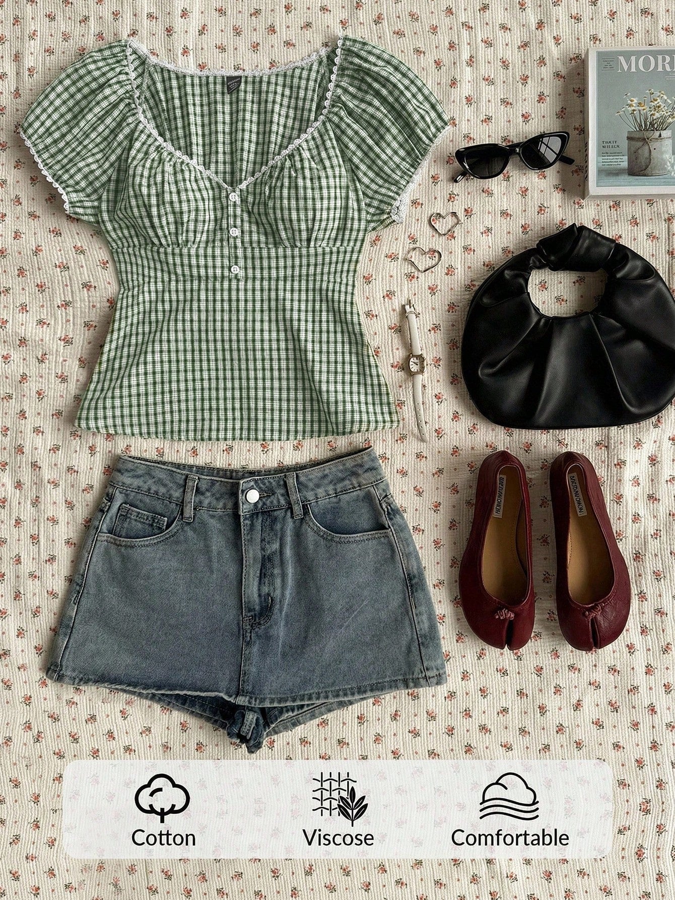 EZwear Plus Size Plaid Print Sweetheart Collar Casual Short Sleeve Gingham Top,Women's White Curve Summer Picnic Sage Green Aesthetic Clothes,Elegant Chic