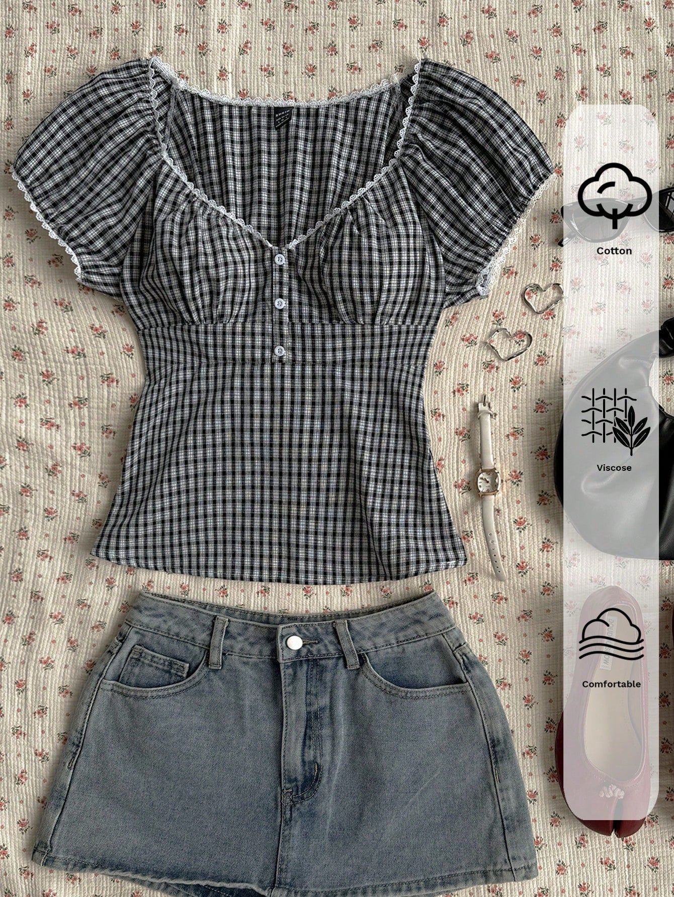EZwear Plus Size Plaid Print Sweetheart Collar Casual Short Sleeve Gingham Top,Women's White Curve Summer Picnic Sage Green Aesthetic Clothes,Elegant Chic