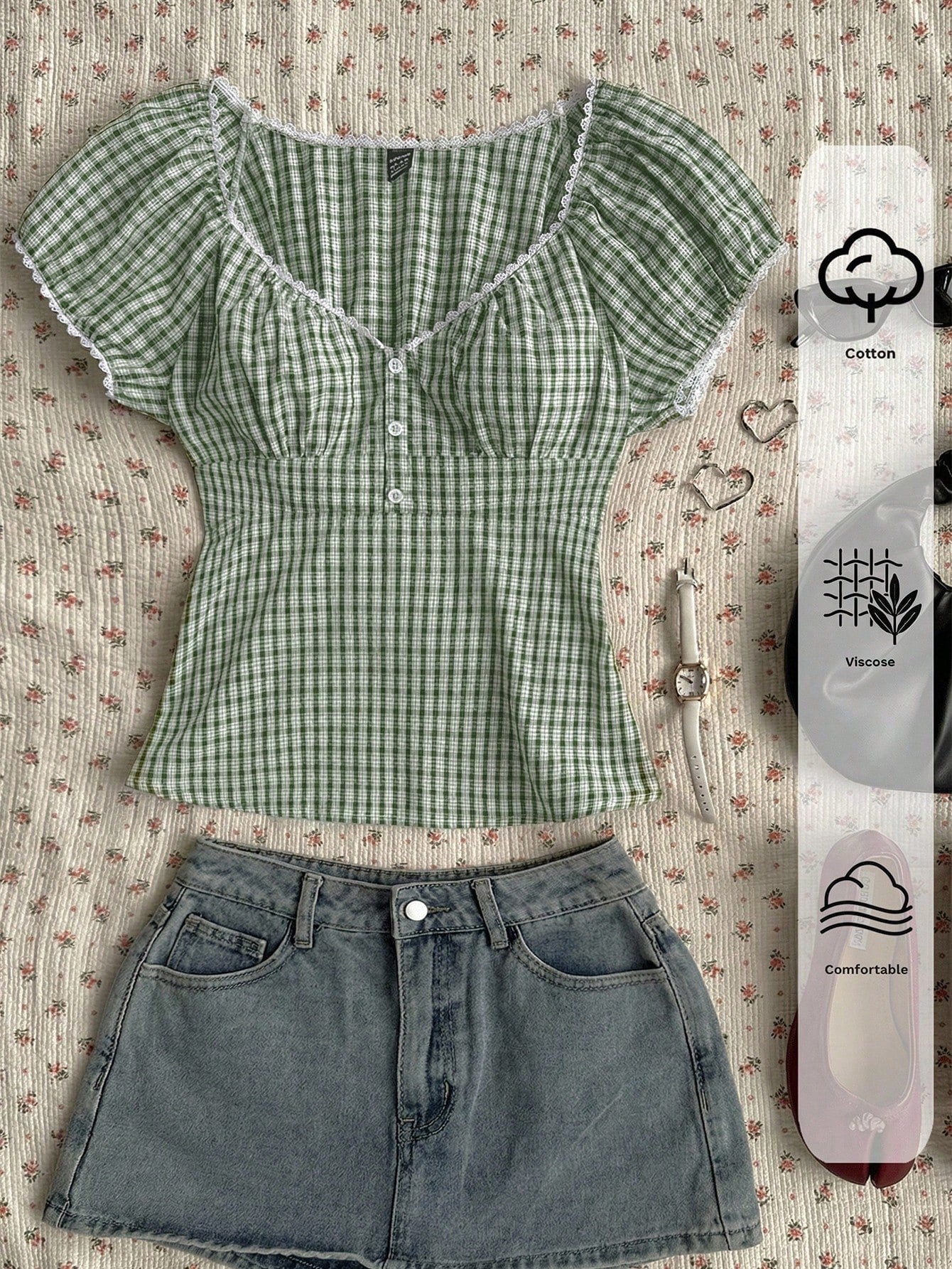 EZwear Plus Size Plaid Print Sweetheart Collar Casual Short Sleeve Gingham Top,Women's White Curve Summer Picnic Sage Green Aesthetic Clothes,Elegant Chic